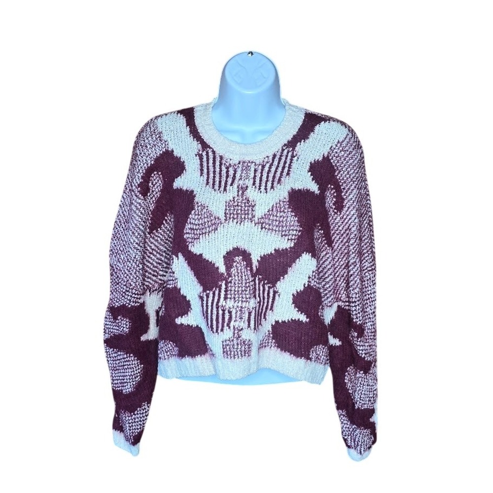 ba&sh Rora Bordeaux Alpaca Blend Intarsia Knit Sweater Womens 1/S Cropped Italy